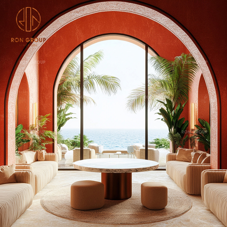 Restaurant Chair and Table Furniture Set Amber Velvet Curved Banquette & Round Calacatta Marble Table with Matching Stools