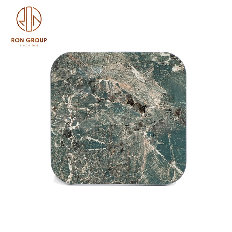 Cheap Price Unique Marbled Pattern Green  Restaurant Dining Table Cafe Bar Sintered Stone Aluminium Alloy Wrapping Table Top