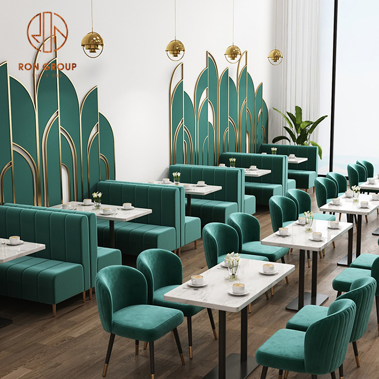 Wholesale Commercial Modern design restaurant cafe furniture sofa fabric velvet green design iron dining tables and chairs set