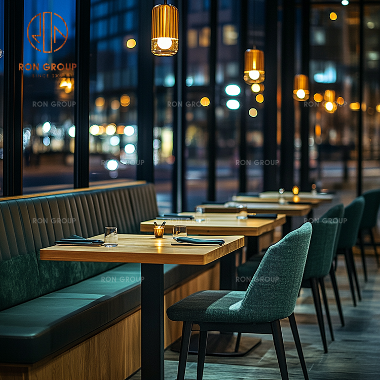 Modern Wood Dining Table Set with Upholstered Chairs and Bench Booth Seating for Cafés and Restaurants