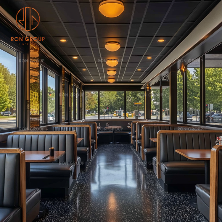 Black Leather Banquette Seating with Wood Tables for Classic American Restaurant Layouts