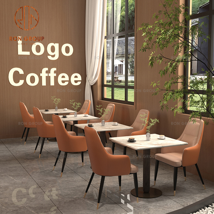 Orange Leather Upholstered Seats with Light Square Wooden Tabletops Commercial Coffee Shop Furnishing Set