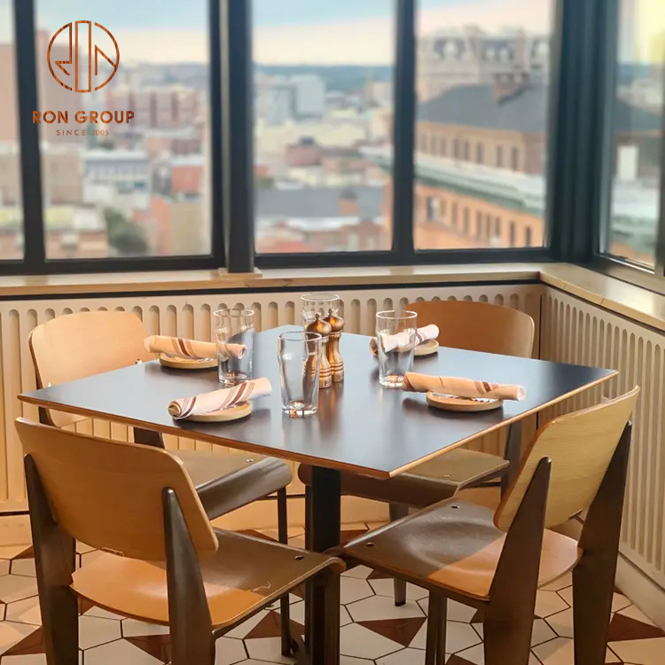 Restaurant Furniture Commercial Set Dark Square Solid Wood Table with Wooden Chairs for Cafe