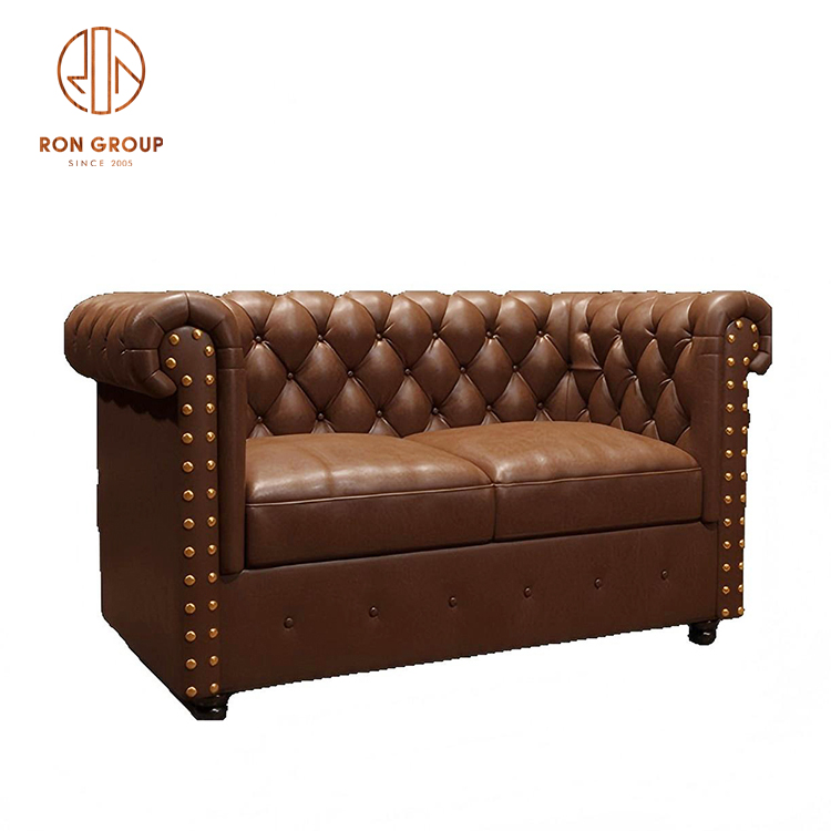 Vintage Restaurant Cafe Furniture Brown Leather Sofa Couch Bench Booth with Tufting and Nailhead Details with Wood Dining Table