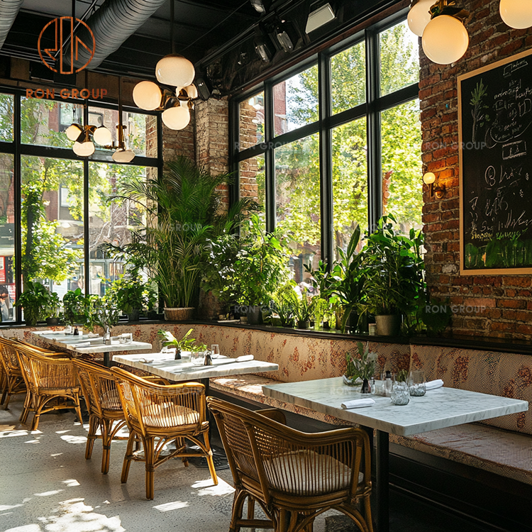 Wood Square Dining Tables with Fabric Banquette Seating for Modern Casual Restaurants