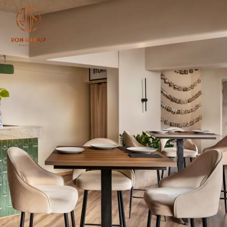 Commercial Restaurant Furniture Brown Wood Dining Tables & Beige Velvet Bar Stools Set