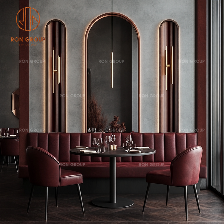 Luxury Restaurant Chair and Table Furniture Set Bordeaux Upholstered Booth Seating & Circular Wooden Top Table  Metal Base