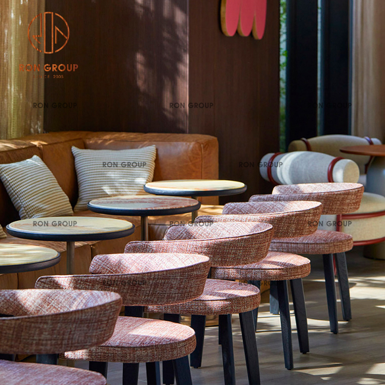 Modern Urban Cafe Furniture Set: Pink Fabric Dining Chairs, Round Bistro Tables & Brown Leather Corner Booths