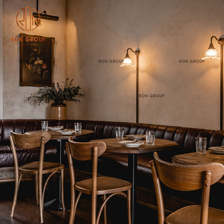 Commercial Restaurant Furniture Set Wall Banquette Seating with Brown Leather Booth and Solid Wood Dining Tables and Chairs