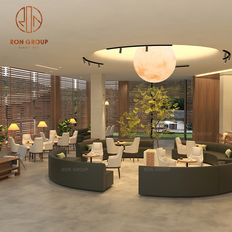 Curved Deep Gray Sectional Sofas Minimalist Lounge Chairs Small Round Tables Commercial Seating Solution