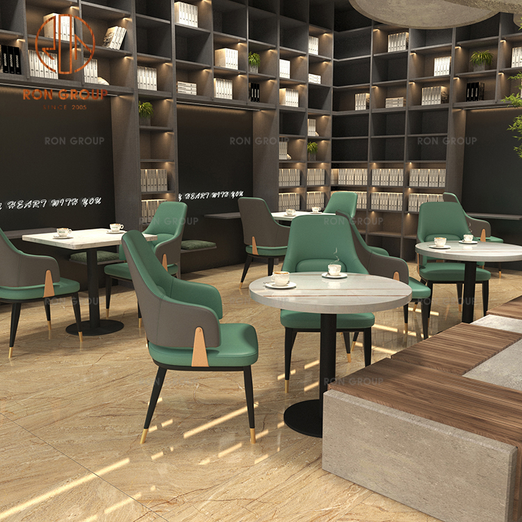 Restaurant Green Banquette Set White Marble Commercial Tabletops Green-Gray Two Tone Chairs Black Gold Legs