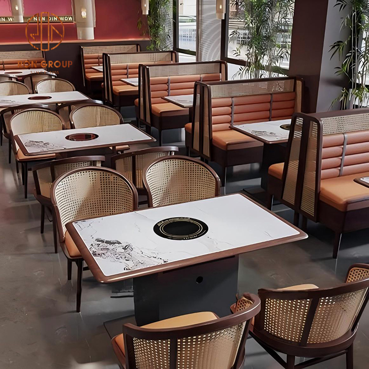 Marble Hot Pot Table with Leather Booth Seating and Rattan Chairs for Restaurant