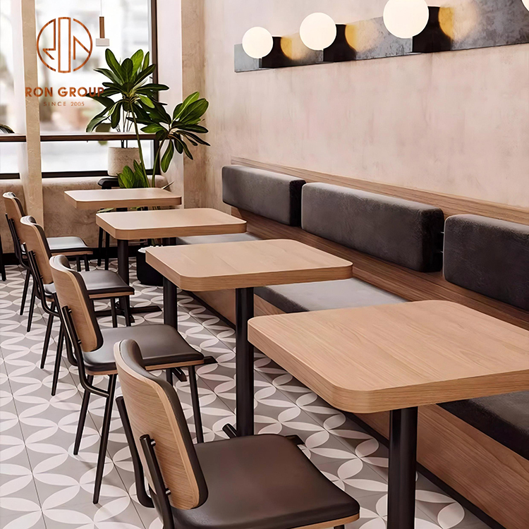 Modern Wall Banquette Booth with Upholstered Back Cushions, Wood-Top Square Tables & Leather Seat Chairs