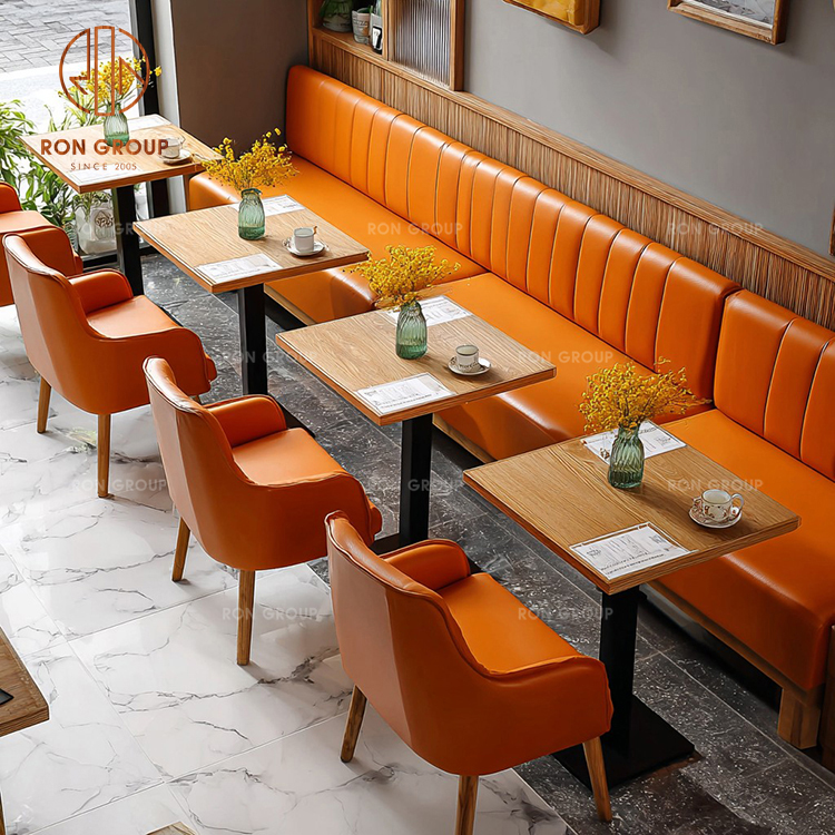 Vibrant Modern Cafe Furniture Set: Orange Genuine Leather Sofa Booth, Wooden Square Tables & Matching Upholstered Chairs