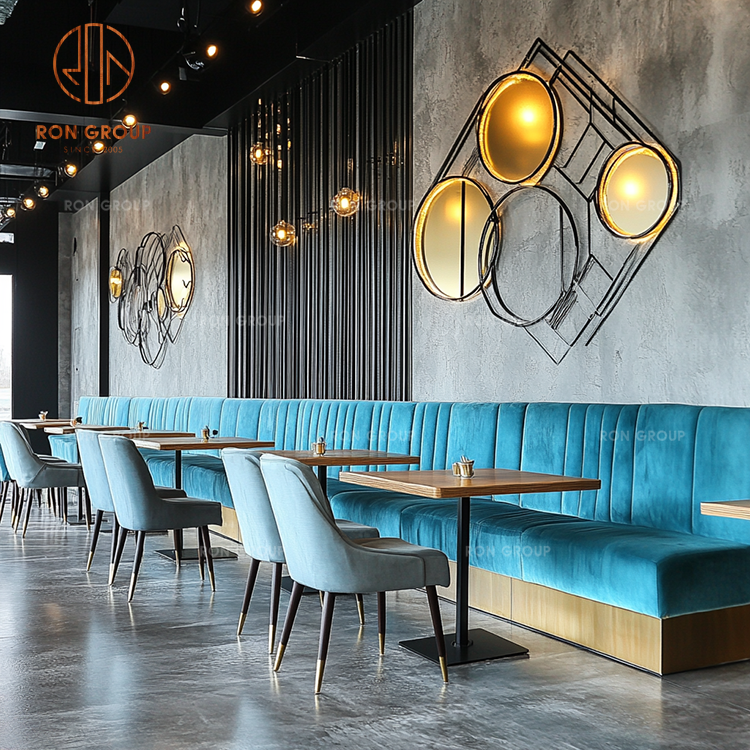 Restaurant Booth Seating with Blue Velvet Banquette and Dining Table Set
