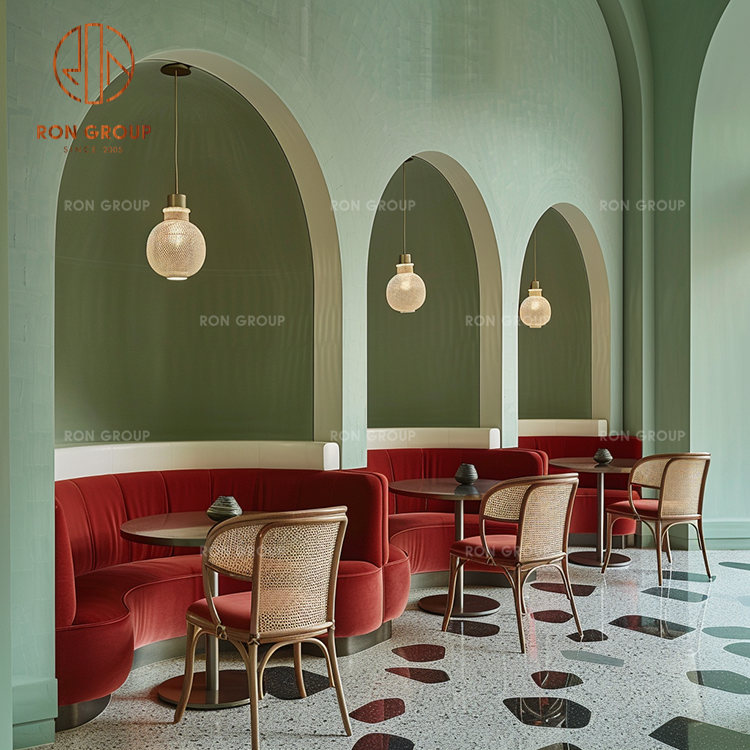 Vintage Curved Restaurant Booth Seating with Red Velvet Sofa and Rattan Chairs