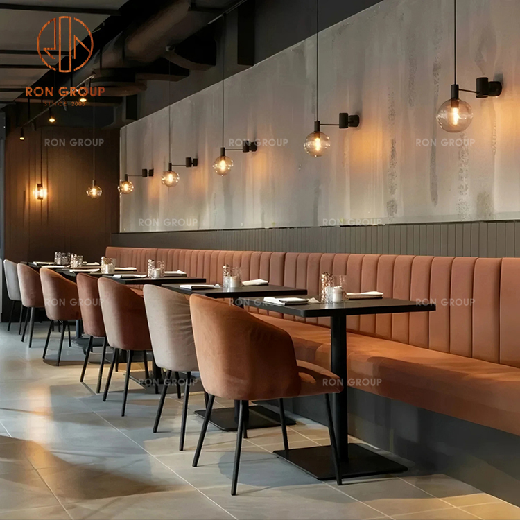 Contemporary Restaurant Booth Seating with Orange Velvet Sofa and Square Tables