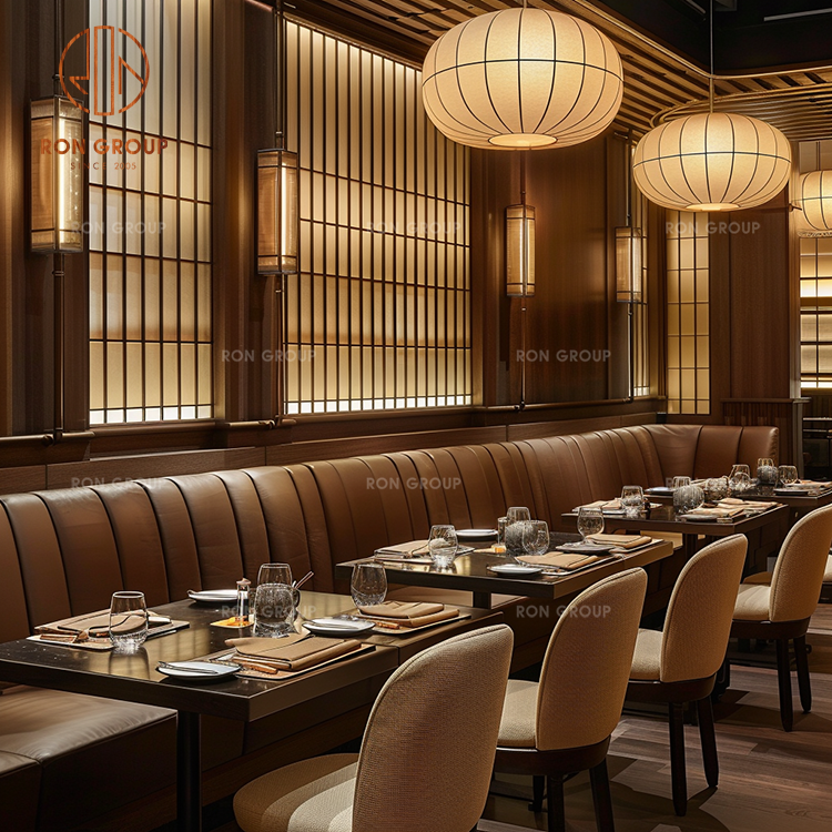 Japanese Style Restaurant Booth Seating with Wood Tables and Upholstered Chairs