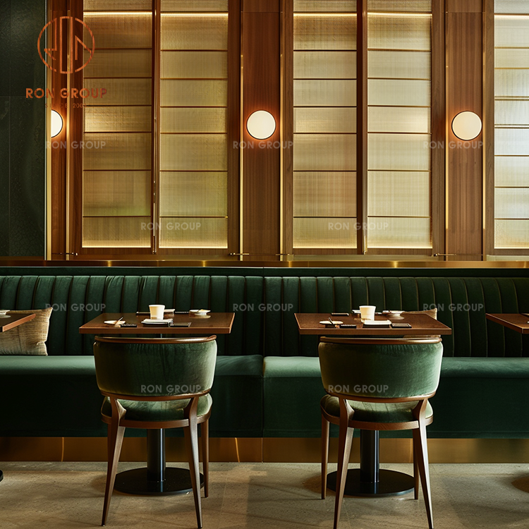 Luxury Restaurant Furniture Wall Booth Seating with Green Velvet Banquette, Wood Tables and Dining Chairs