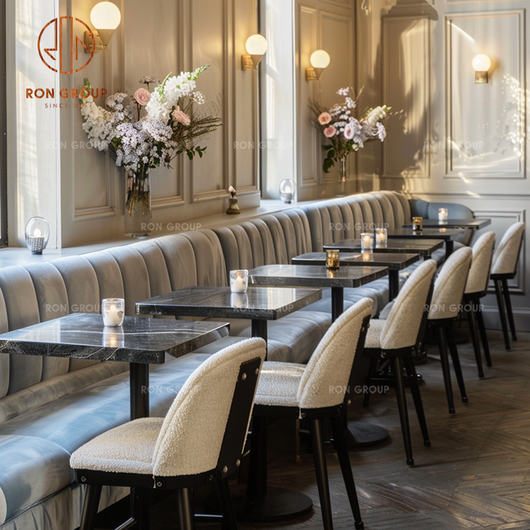 Classic Luxury Restaurant Wall Booth Seating with Upholstered Banquette, Marble Tables and Dining Chairs