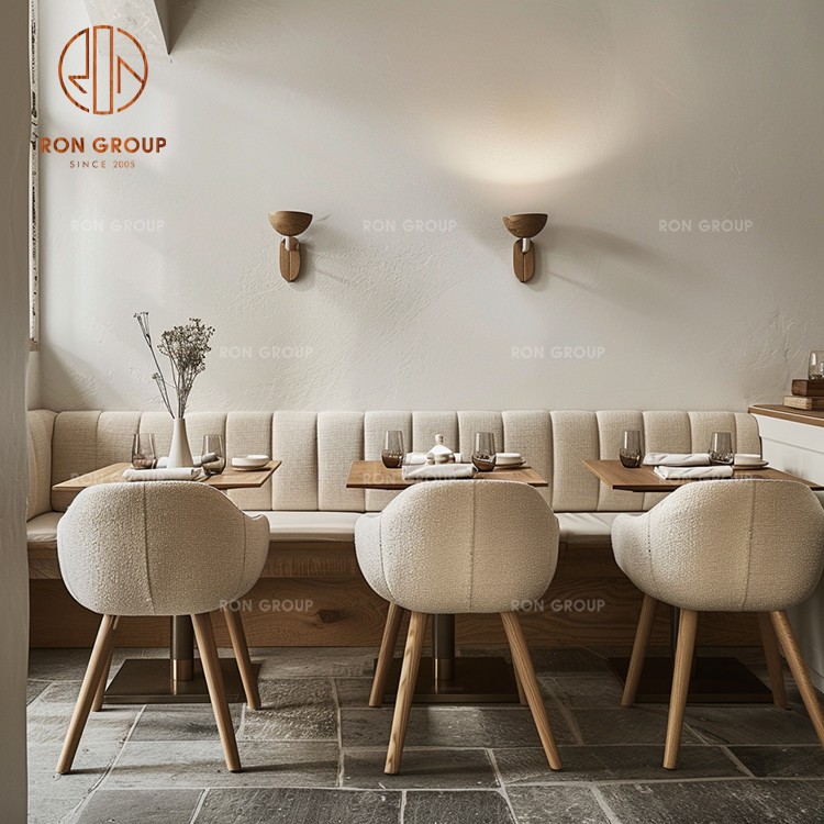 Modern Cafe Furniture Wall Booth Seating with Fabric Upholstered Banquette, Wood Tables and Dining Chairs