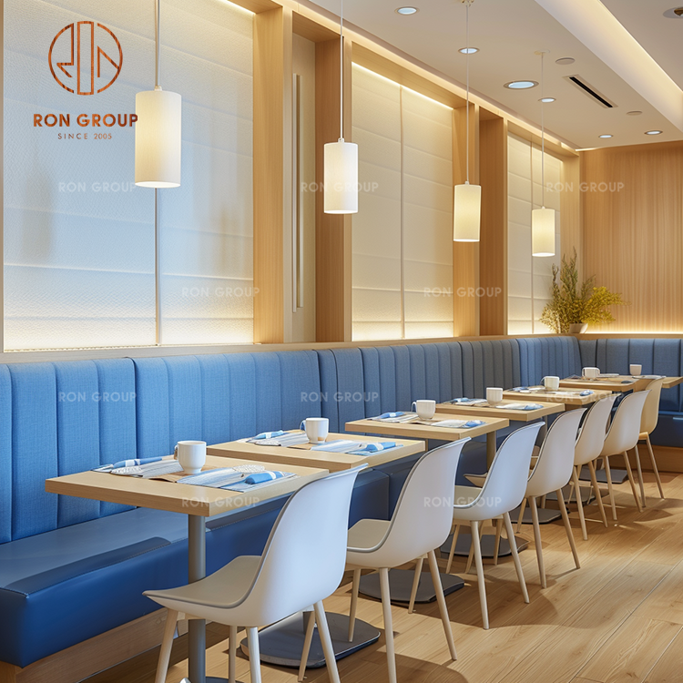 Commercial Restaurant Furniture Set Long Wall Booth Seating with Blue Fabric Banquette and Wood Dining Tables and Chairs