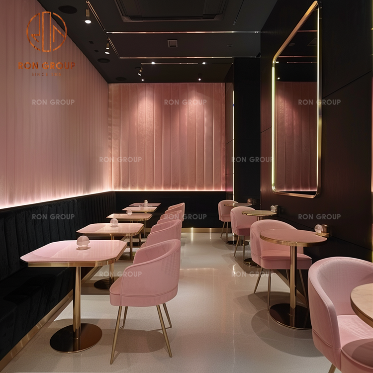 Modern Restaurant Furniture Wall Booth Seating with Velvet Banquette, Pink Dining Chairs and Marble Top Tables