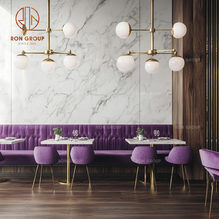 Luxury Restaurant Booth Seating with Purple Velvet Sofa and Marble Tables