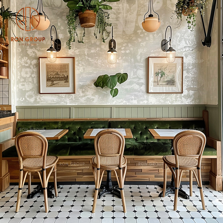 Vintage Café Booth Seating with Wooden Chairs and Round Dining Tables for Restaurant