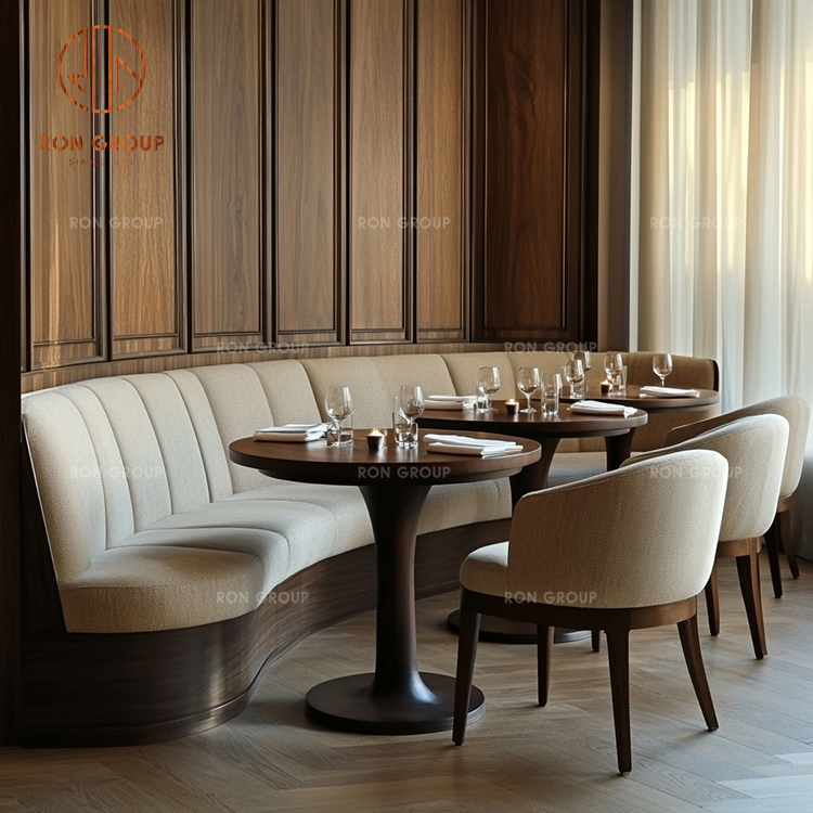 Curved Restaurant Booth Seating with Upholstered Banquette, Round Wood Tables and Dining Chairs