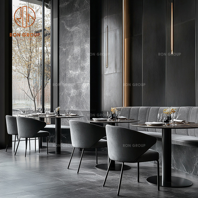 Modern Grey Booth Seating with Dining Chairs and Wooden Tables for Restaurant
