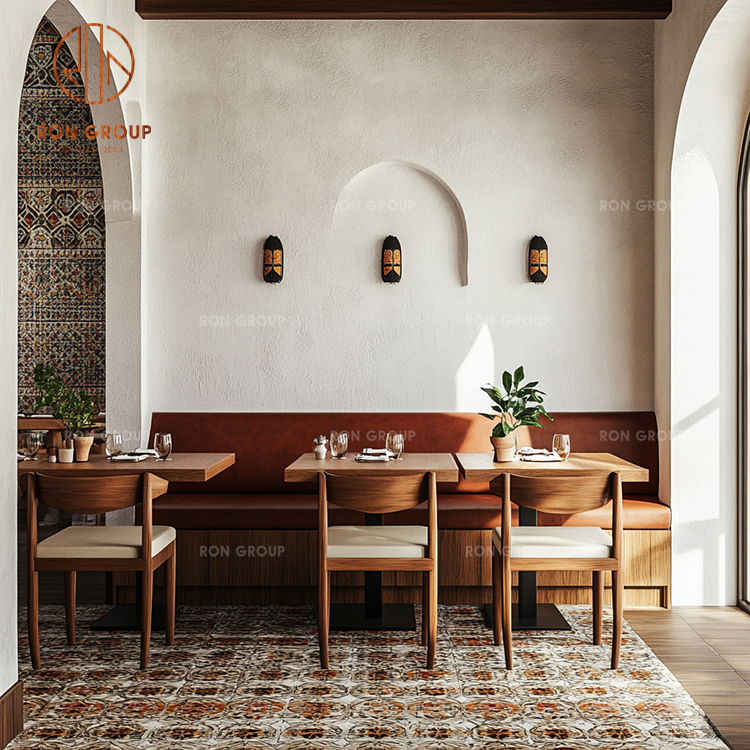 Rustic Wooden Restaurant Booth Seating with Solid Wood Tables and Chairs for Café