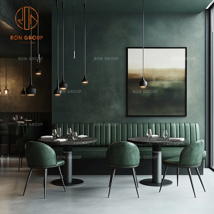 Dark Green Upholstered Booth Seating with Marble Tables and Dining Chairs for Restaurant