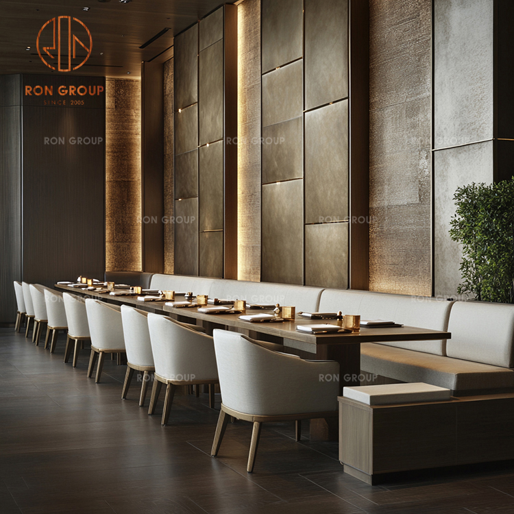 Commercial Restaurant Furniture Set Long Banquette Seating with Solid Wood Dining Table and Upholstered Chairs