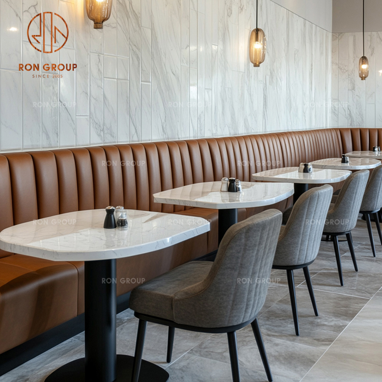 Modern Commercial Cafe Furniture Set: Brown Fluted Leather Wall Bench, Marble Top Tables & Grey Fabric Chairs