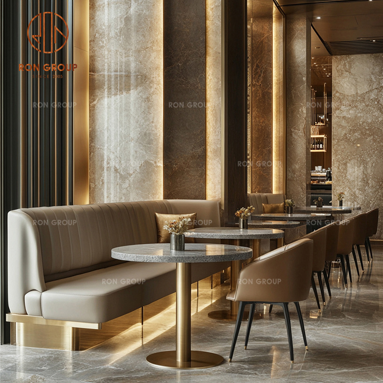 Executive Cafe Furniture Set: Brown Genuine Leather Sofa Booths, Gray Marble Square Tables & Upholstered Chairs