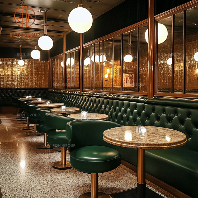 Dark Green Leather Booth Seating with Marble Tables for Restaurant