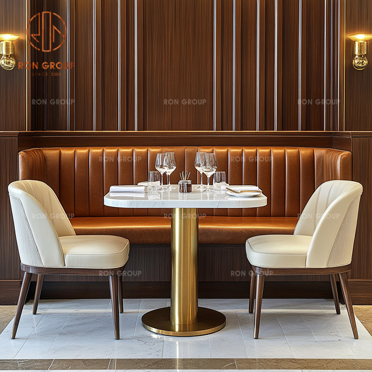 Luxury Restaurant Booth Seating with Orange Velvet Sofa and Marble Table