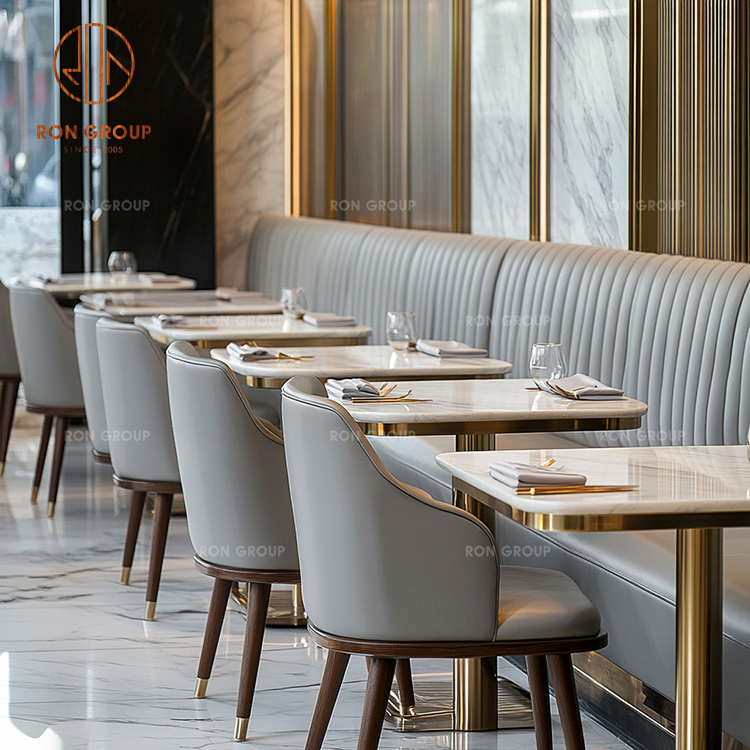 Marble Table & Gray Leather Booth Seating Set for Modern Restaurant