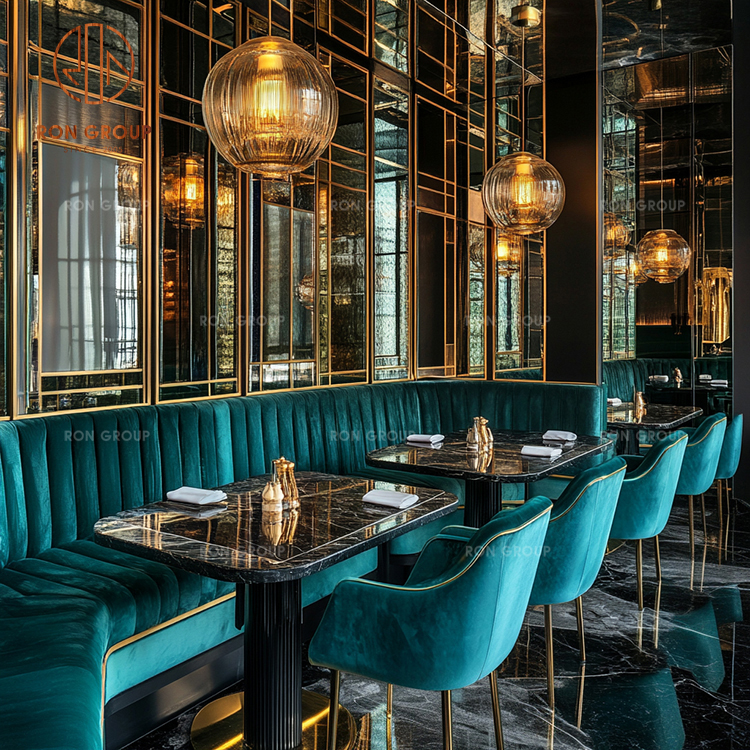 Dark Green Velvet Restaurant Booth Seating with Marble Tables and Dining Chairs