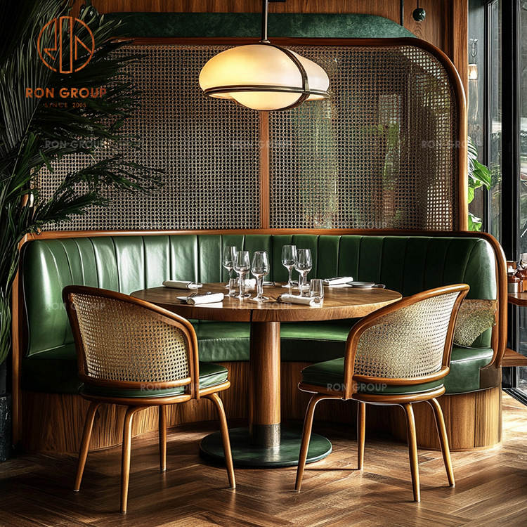 Vintage Bistro Furniture Set: Dark Green Leather Circular Booth with Rattan Back Chairs & Walnut Round Tables