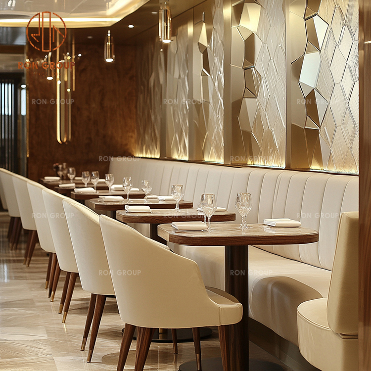 Luxury Restaurant Booth Seating with Wood Tables and Leather Chairs