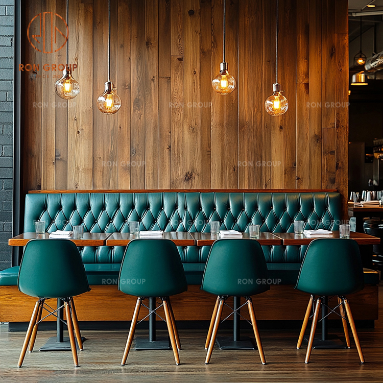 Restaurant Banquette Seating with Green Tufted Leather Booth and Solid Wood Dining Tables