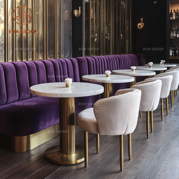 Luxury Restaurant Furniture Set Purple Velvet Banquette Seating with Round Marble Tables and Upholstered Chairs