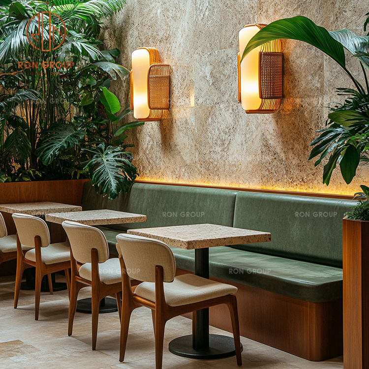 Cafe Booth Seating with Wood Chairs and Stone Tables for Dining