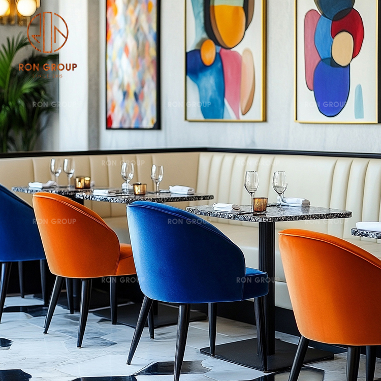 Modern Cafe Restaurant Furniture Set Beige Banquette Sofa with Marble Tables and Velvet Dining Chairs