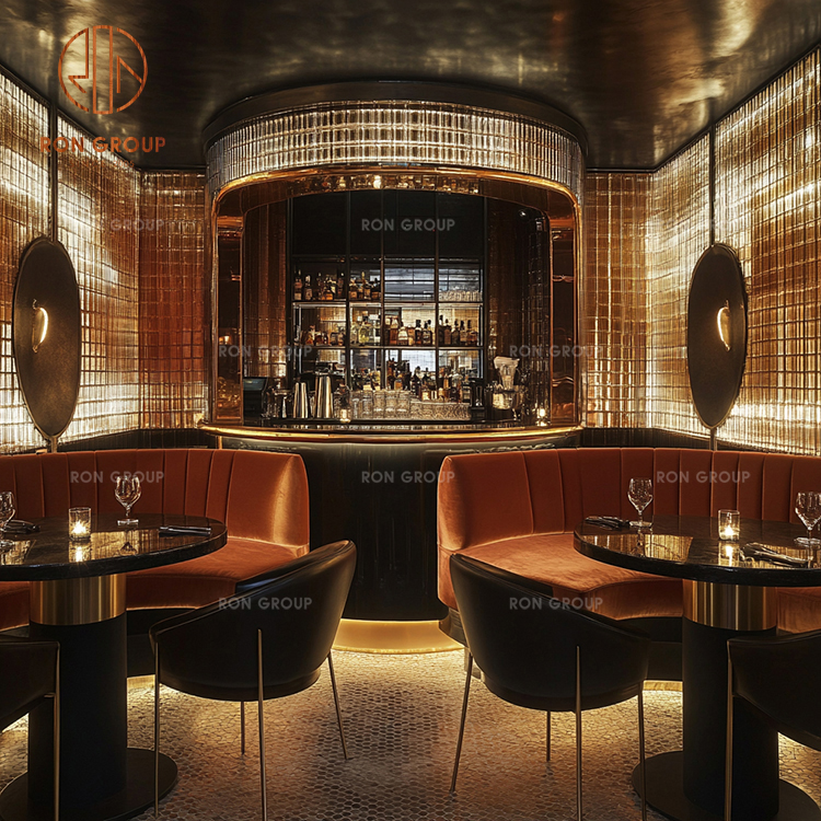 Luxury Curved Banquette Seating with Velvet Sofa and Marble Round Tables for Restaurants