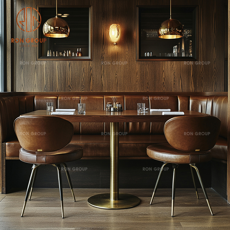 Commercial Restaurant Furniture Set Curved Brown Leather Banquette Seating with Solid Wood Dining Tables and Chairs