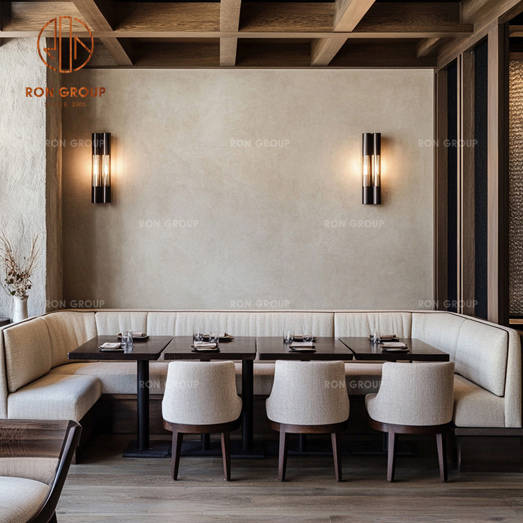 Commercial Restaurant Furniture Set Fabric Booth Seating with Wood Dining Tables and Upholstered Chairs for Cafe