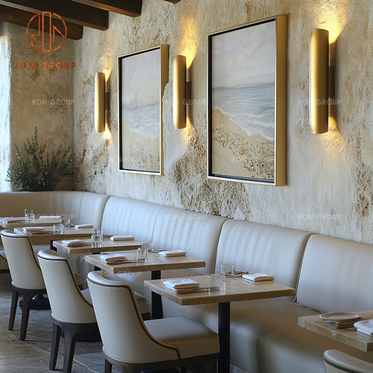 Restaurant Booth Seating with Leather Sofa and Wood Tables